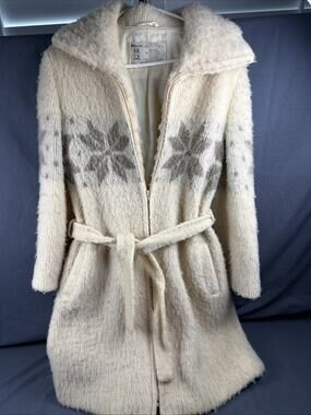 Hilda Ltd Icelandic Wool Cardigan Jacket Snowflake Zip Belted Cream Grey Small